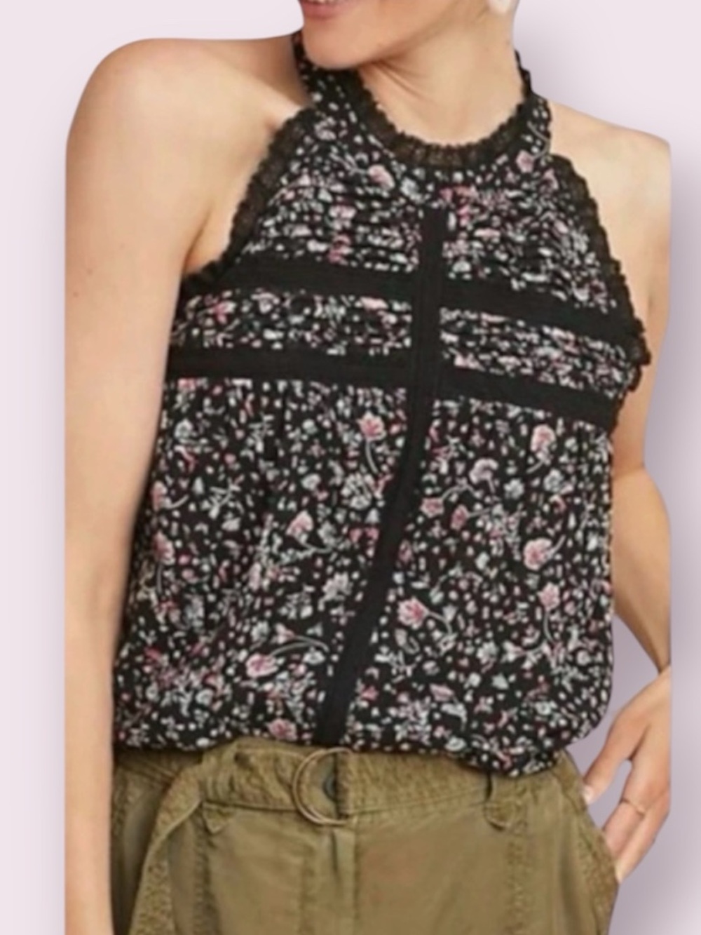 Anthropologie Maeve Floral Chiffon Sleeveless Blouse Top Black Lace Size XS